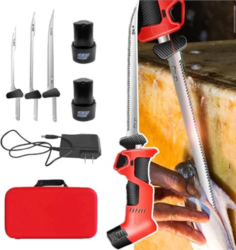 aromaoveite Kit Coltello Elettrico Per Filettare Con Impugnatura Antiscivolo -4*Lame Alternative Rivestite Antiaderenti+2 Batterie Ricaricabili Agli Ioni Di Litio+Custodia Per Il Trasporto,Red