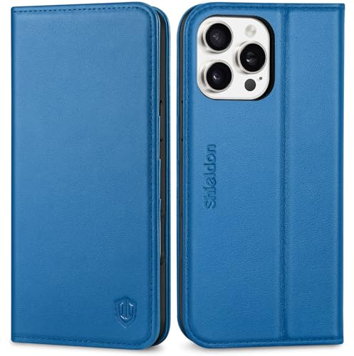 SHIELDON Rindsleder Hülle für iPhone 16 Pro Max 6,9 5G 2024, Saphirblau | Kartenschlitz, Ständer, RFID-Blocker, Magnetisches Schutzhülle, Handytasche, Klappbar Etui, Handyhülle, Wallet Case