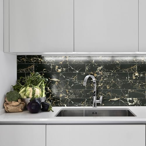 Credence Adhesive Pour Cuisine -Marbre Noir Salle De Bains Et Cuisine Stickers Carrelage, PVC Imperméable Credence Adhesive Décorative à Carreaux,Stickers Auto-Adhésif 48 Pièces(10x20cm)