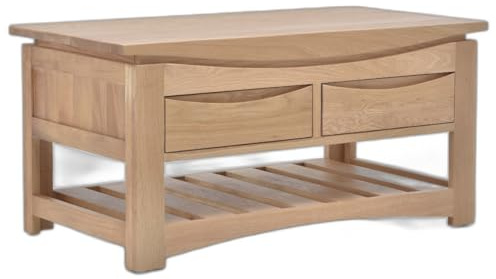 Crescent Solid Oak Coffee Table With Drawers for Living Room, Home Furniture - Modern Design - Fully Assembled - H42 x W86.2 x D45 cm