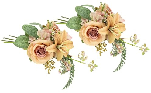 Flair Flower Lot de 2 Bouquets de Roses artificielles lys et hortensias en Soie - 35 cm - Décoration de Table - Décoration funéraire - Pêche