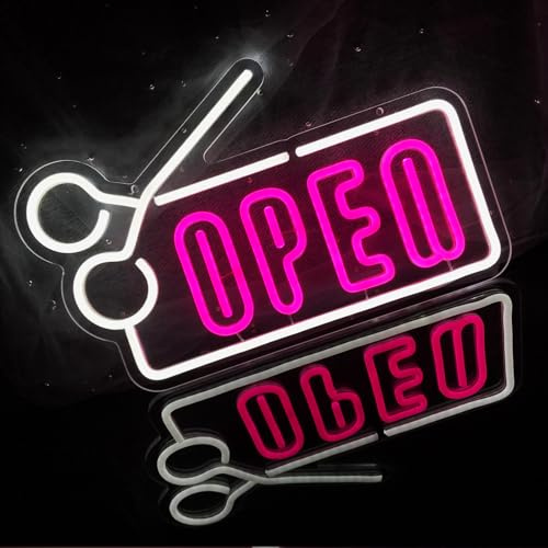 Neon Sign Open Light Sign Hair Salon Front Window Decoration Scissor Shape LED Neon Light Salon Barber Shop Wall Decoration Gift for Hair Stylist HairdresserUSB Powered and Dimmable(Pink + White)