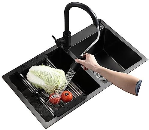 SFNIOKFG Cuisine Multifonctionnel Légumes Lavabo Siphon Préparation Éviers Cuisine Double Bol Évier en Acier Inoxydable Bar Évier avec Robinet Éviers (Couleur : Noir, Taille : 80 * 45 * 22c