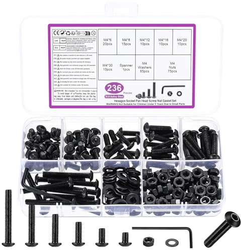 236 STK M4 Schrauben Set, Innensechskantschrauben Muttern Set, Schwarze Gewindeschrauben mit Muttern mit Unterlegscheiben Set, Linsenkopfschrauben und Muttern, Fahrrad Schrauben Set, mit Schlüssel