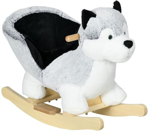 HOMCOM Caballo Balancín para Niños de 18-36 Mesas Forma Perro Husky Caballo de Juguete con Sonido Asas Cinturón de Seguridad y Base de Madera Carga 40 kg 60x33x50 cm Gris