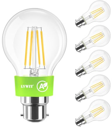 LVWIT Ampoule B22 Blanc Chaud Classe Énergétique A, 3.8W Ampoule Baillonette LED A60, Equivalent à Ampoules halogène 60W, Ampoules Filament 806LM, 2700K, Lot de 6, Non-Dimmable