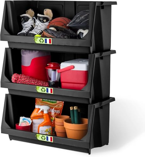 Iris Ohyama, Scaffale di Stoccaggio, Set di 3 Contenitori in Plastica Impilabili, Resistenti con Fronte Aperto, Impilabili, per Garage, Attrezzature, Campeggio, Utensili, Forniture da Giardino, SBIN-L