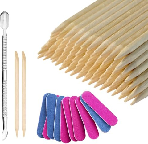 Angelkiss Lot de 100 bâtonnets en bois double face pour manucure et pédicure, 10 limes à ongles, 1 repousse-cuticules, kit de soin professionnel pour manucure, pédicure, nail art.