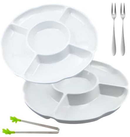 2 Große Fondueteller Wiederverwendbar mit 2 Obstabstechern + 1 Obstklemme,Raclette Teller,Fondue Teller mit Unterteilung,Snackteller mit Fächern,Snacktablett für Fondue Geschirr,Nüsse Desserts(30.4cm)