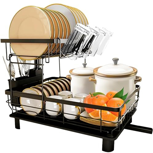 JUPPLIES Escurreplatos de 2 Niveles con Soporte para Utensilios Extraíble, Portavasos y Estante de Gran Capacidad - Escurridor de Platos con Boquilla de Drenaje Automático - 28x38x31cm - Negro