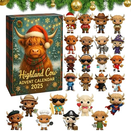 Highland Cow Advent Calendar 2025, 24 Days Christmas Countdown Calendar, 2d Flat Mini Highland Cow Ornaments, Christmas Surprise Holiday Gifts for Xmas Tree Home Door Wall Car Decor (A)