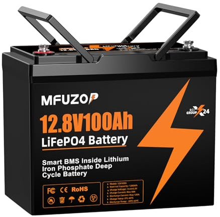 MFUZOP 12V 100Ah LiFePO4 Lithium Batterie, 100A BMS, Max. 1280W Energie, 15000+ Zyklen Deep Cycle Akku, Unterstützt Serien &Parallelschaltung, Perfekt für Wohnmobil, Solar, Heimspeicher (12V 100AH-B)