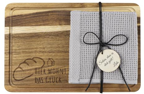 ZXShow Housewarming Gift Set New Apartment Gift Acacia Wood Chopping Board 30x20cm Engraved Bread Board Kitchen Gift Set with Tea Towel Wooden Pendant & 5m Gift Ribbon Einzugsgeschenk Wohnung