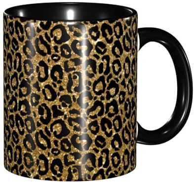 Anceky Tazza da caffè in ceramica con stampa leopardata oro e nera da 11 once, adatta al microonde, per donne e uomini.