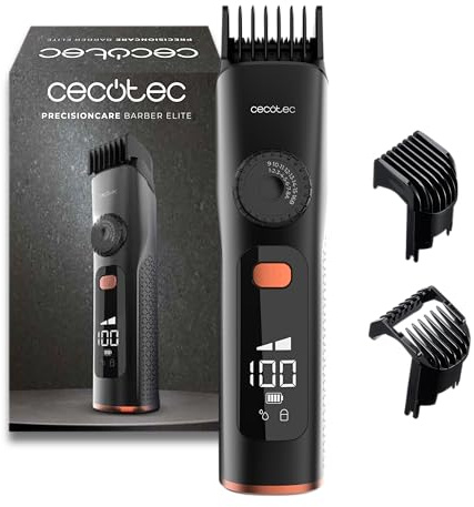 Cecotec Hårklippare PrecisionCare Barber Elite. Blad i rostfritt stål, justeringshjul, 120 minuters batteri, IPX6, kabel och batteri, display med oljepåminnelse, 2 justerbara kammar 1–16 mm