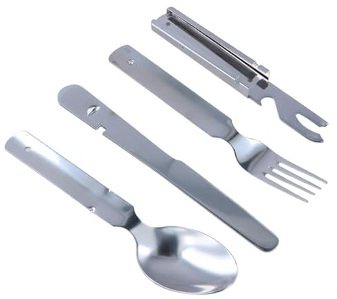 4 Piezas Cubertería de Camping de Acero Inoxidable, Cuchillo, Tenedor, Cuchara y Abrelatas Compacto y Práctico para Aventuras al Aire Libre, Ideal para Camping, Senderismo y Festivales