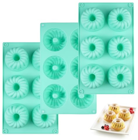 Varenzya 3 stycken mini gugelhupfformar silikon, 6 tråg Ø 7,2 cm Gugelhupfform liten, återanvändbar silikongugelhupfform, mini gugelhupf bakform för tårta dessert choklad pudding gelé (grön)