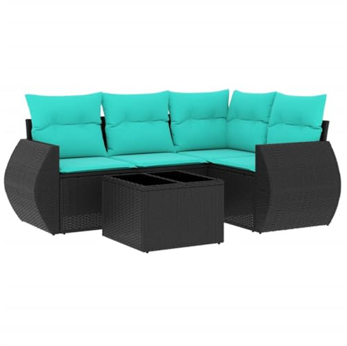 Qnhdfrt Gartensofa-Set 5-teilig, Polyrattan Lounge-Set mit Gartentisch und bequemen Kissen, modulare Sitzgruppe für Terrasse, Garten und Balkon, Schwarz