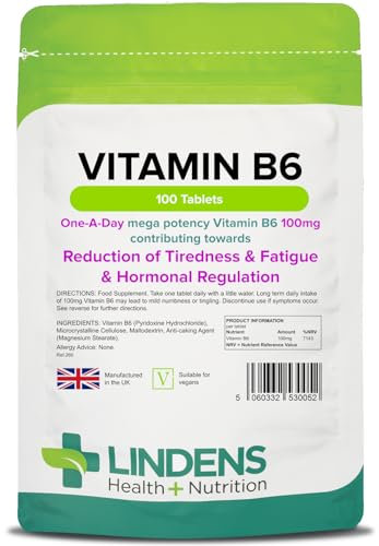 Lindens - Vitamin B6 100mg Tablets - 100 Pack - Ultra-Potent 7000% Nrv Contributes to Healthy Metabolism, Reduction of Tiredness, Normal Immune & Nervous System Function - UK Made, Letterbox Friendly
