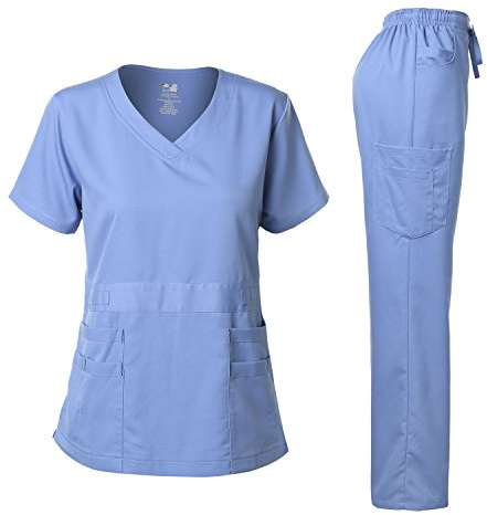 Dagacci Medical Uniform® Scrubs for Women Set – Natural Stretch Ultra Soft V-Neck Top and Pants Sets for Women - 9 Pocket Ceil Blue M