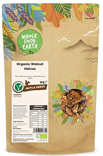 Wholefood Earth Organic Walnut Halves 2kg Raw | GMO Free | Vegan | High Fibre | High Protein | Certified Organic