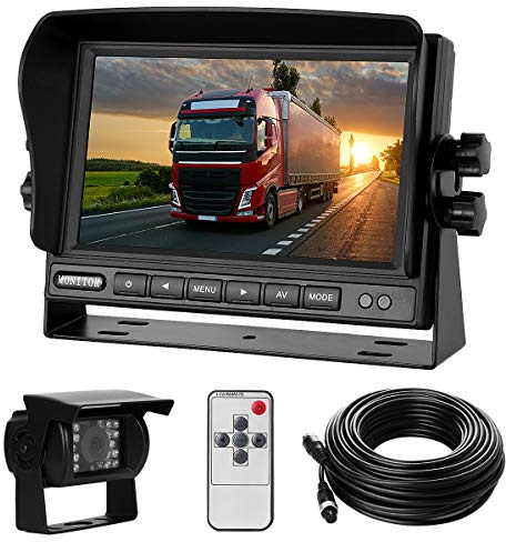 Backup Camera System Kit 7 LCD Reversing Monitor +Rear View Back Up Camera with 170 ° Wide Angle, Waterproof IP68, 18 Infrared Night Vision for Trucks/RV/Trailers/Bus/Vans/Box Truck