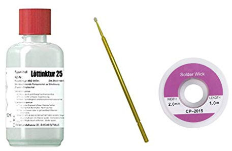 100 ml No-Clean Flussmittel/Löttinktur 25, gebrauchsfertig, halogenfrei, auf Kolophoniumbasis (25%) für die Elektrotechnik/Elektronik incl. Application-Stick + 1 x Entlötlitze 2,0 mm x 1 m