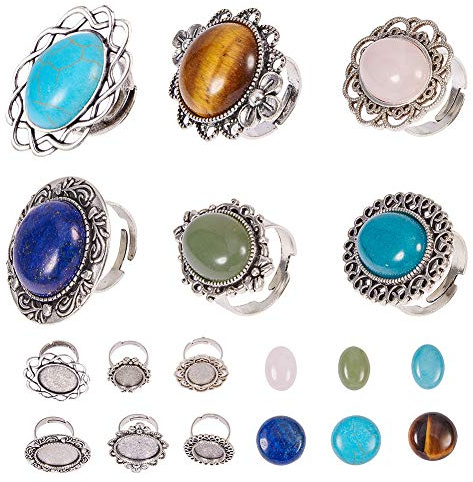 SUNNYCLUE 6Stil 12Stück Antikes Silber Jahrgang Einstellbare Blank Flower Cabochon Ring Einstellungen mit 6pcs Round 20mm Edelstein Cabochons für DIY Ring Kit Schmuckherstellung Tigerauge Stein Türkis