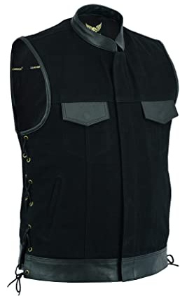 SOA lädertrim denim cyklist väst med djupa fickor, Svart, S