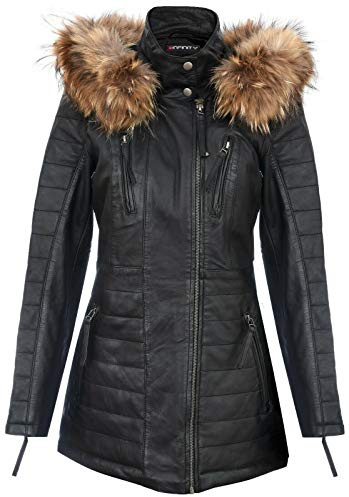 Damen Leder Parka Jacke Gesteppte Abnehmbare Kapuze Regenmantel