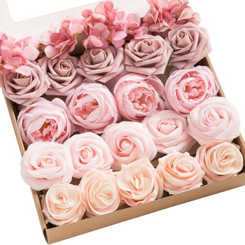 Ling's moment Künstliche Blumen Gefälschte Seide Hortensie Schaum Rosen Faux Gardenia Combo für DIY Hochzeit Blumensträuße Tafelaufsätze, Rosa & Blush, 24 Stück