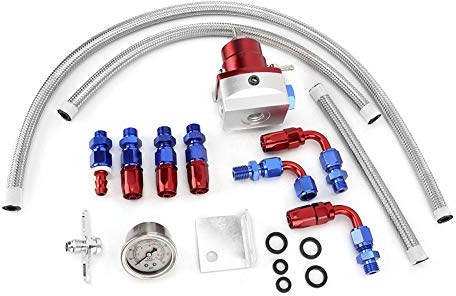 Regulador de combustible Qiilu, kit regulador de presión de combustible de coche ajustable universal de acero inoxidable 304 con manómetro 100PSI(Rojo + plata)