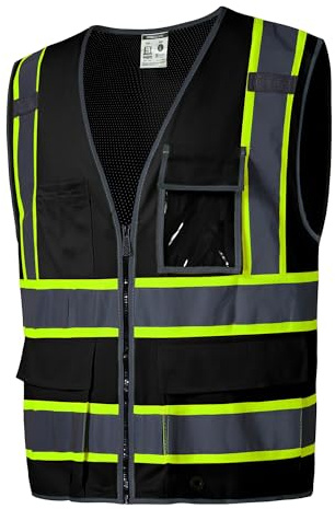SKSAFETY 10 Pockets Safety Vest, Class 2 High Visibility Security with Zipper Back Mesh, Hi Vis Vest with Reflective Strips, ANSI/ISEA Standard, Construction Work Vest for Men ＆ Women （Black, XL）