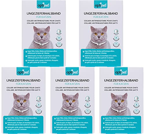OptiPet x5 Ungezieferhalsband für Katzen | 4 Monate Schutz gegen Flöhe Zecken Mücken Milben - reflektierend, für Katzen ab 12 Wochen | Flohhalsband Katzen/Zeckenhalsband für Zeckenschutz Katze