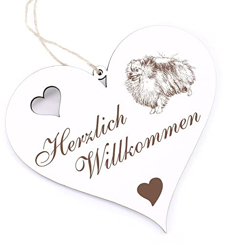 Herzlich Willkommen Schild - Pomeranian Zwergspitz - Deko Herz Holz Willkommensschild Türschild Dekoschild Türdeko