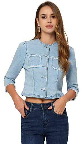 Allegra K Chaqueta corta de mezclilla para mujer, cuello redondo, mangas 3/4, chaqueta vaquera informal deshilachada Azul claro M