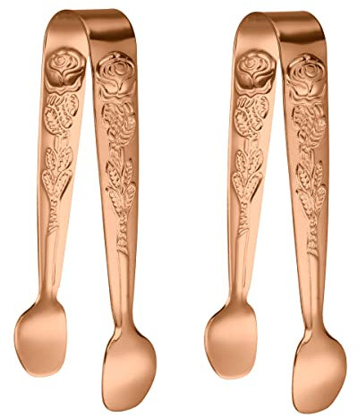 Haletia 2Pack Sugar Tongs with Embossed Rose Flower,Stainless Steel Small Ice Tongs for Bar, Sweet Tongs for Ice Cube Tongs (Rose Gold)
