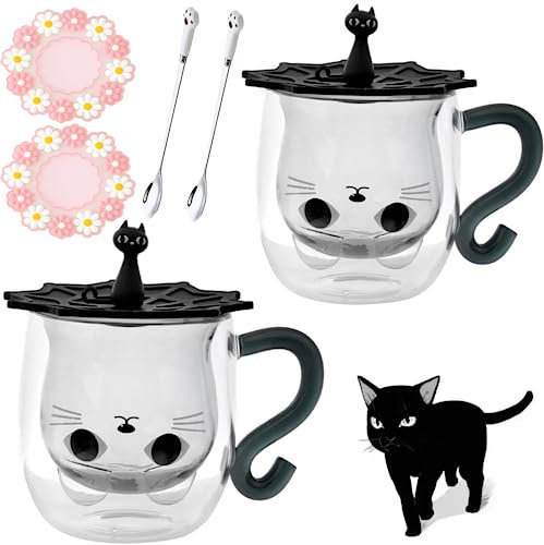 Arawat 2 Set Katzen Tasse Glas Doppelwandige Gläser Schwarz Katze mit Henkel Kaffeetasse mit Löffel Untersetzer Kaffeebecher Trinkgläser Katze Gläser Teetasse Espressotassen Geschenk für Frauen