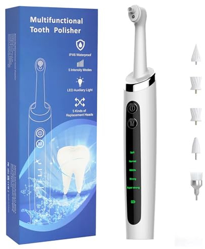 Ruarby Pulidor de dientes eléctrico con 5 cabezales reemplazables, herramienta limpiadora de dientes, pasta de dientes regular, kit limpiador de dientes, herramienta de limpieza de dientes