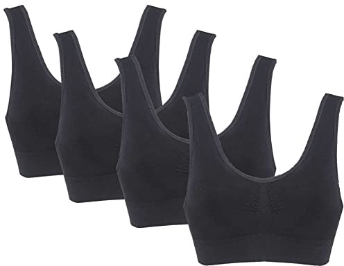 PBE 4 Pack Super Comfort Bra, Thick Double Material Women's Sleep Bras, Sports Bra, Premium Quality, Seamless, No Wires! - 4 Pack Jet Black - XX Large