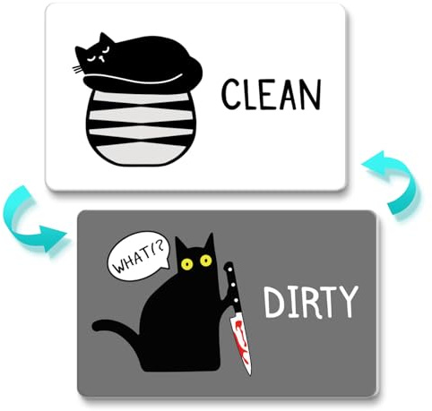 Funny Dishwasher Magnet Clean Dirty Sign Universal Double Sided Refrigerator Magnet Cute Black Cat Cartoon Magnets Flip with Magnetic Plate Indicator Sign for Kitchen Home Decor C