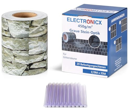 Electronicx PVC Sichtschutzstreifen Graue Steinoptik 35m x 19cm 450g/m² UV-beständig & Blickdicht Inkl. 20 Clips für Doppelstabmatten Wetterfest & pflegeleicht Garten Terrasse & Balkon