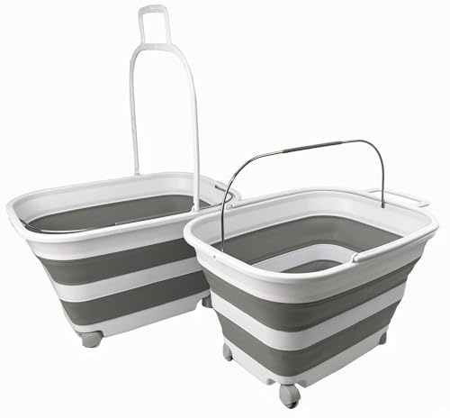 SAMMART Cesta plegable de plástico para la ropa sucia de 35 litros con asa y ruedas, contenedor de almacenamiento plegable y bañera de lavado, ahorro de espacio (2, blanco/gris)