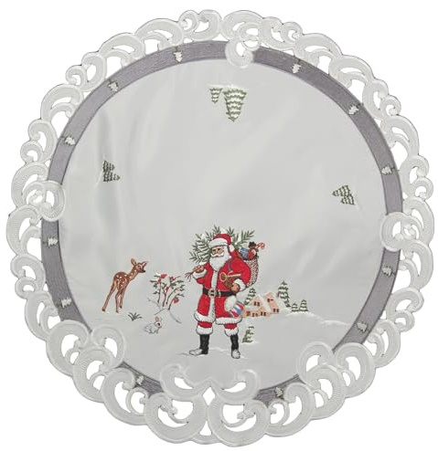 HanaQi - Weihnachtliche ca. 60 cm Rund Tischdecke mit Weihnachtsmann in Winterlandschaft Stickerei Polyester, grau-rot-weiß, Größenauswahl