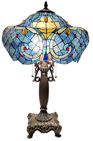 Bieye Baroque Tiffany Style Stained Glass Table Lamp with 16-inch Wide Lampshade, 24-inch Tall (Blue, 16-inch Wide)
