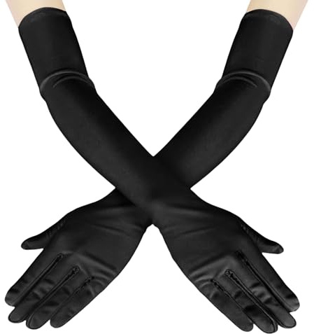 Meleager Handschuhe Schwarz Lang, 1 Paar Lange Handschuhe Damen, Satin Long Gloves, Classic Abendhandschuhe 20er Jahre Elegant Damen für Halloween Karneval Fasching Fest Party Kostüm