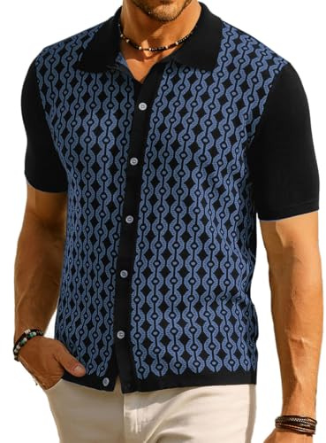 PJ PAUL JONES Men's Contrast 70s Vintage Polo Shirts Short Sleeve Knitwear Black/Indigo