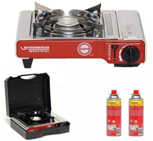 ROTHENBERGER Industrial Campingkocher Deluxe inkl. 2 Gaskartuschen | inkl. Tragekoffer | 1-flammig Gaskocher Camping Gas Kocher Kartusche | für Töpfe 12-34 cm