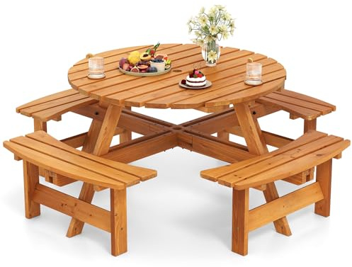 COSTWAY Picknicktisch Set für 8 Personen, Gartentisch aus Holz mit Schirmloch & 4 Bänken, Terrassenmöbel, Gartenmöbel, runde Sitzgruppe, Sitzgarnitur für Garten, Terrasse (Gelb)