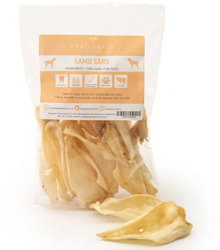 Dragonfly Products | 100% Air-Dried Natural Lamb Ears | Grain and Gluten Free | Healthy, High Protein Chews for Dental Health | 150g | For Dogs and Puppies over 8 weeks
